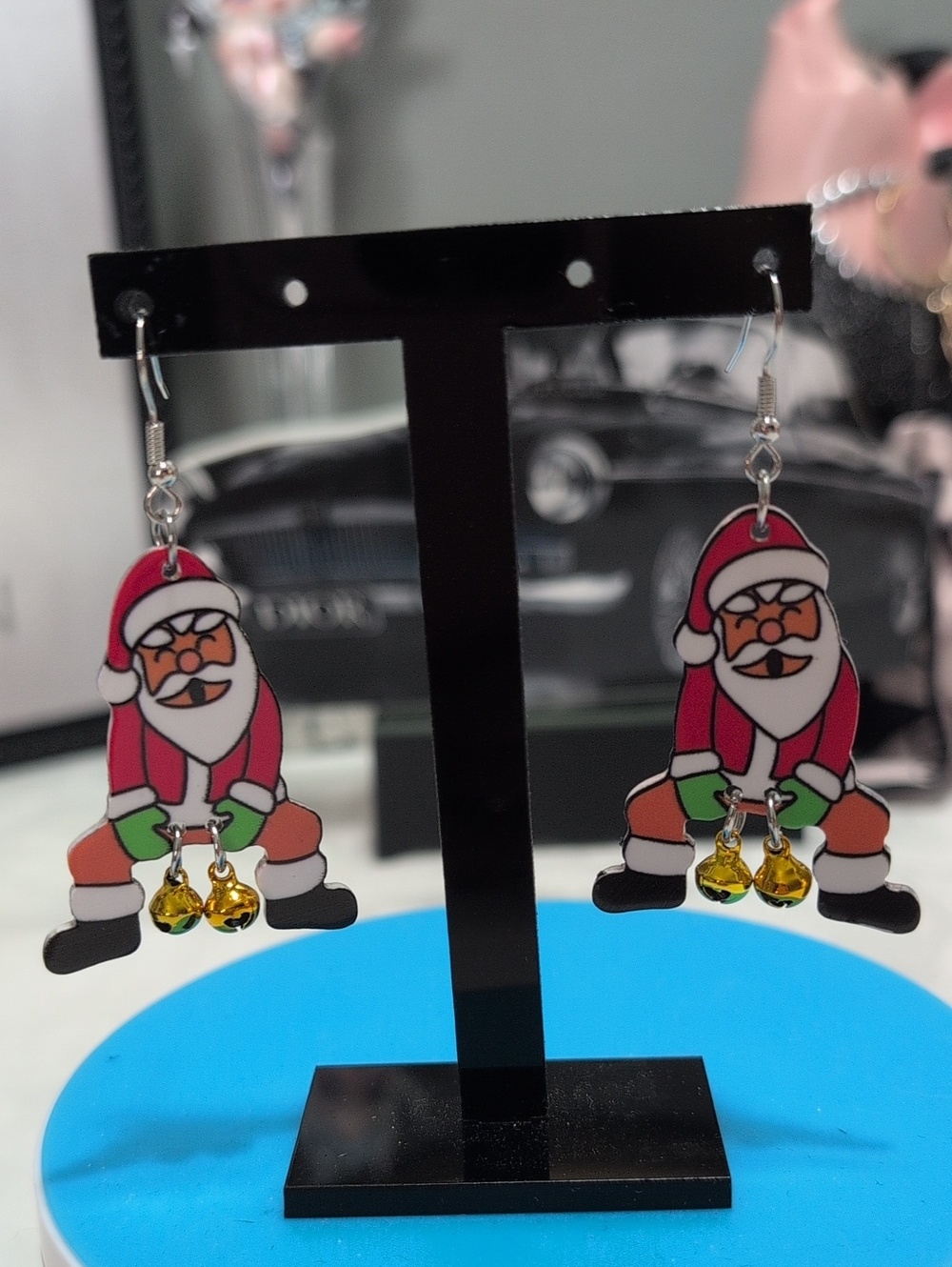 Festive Funny Santa Dangle Earrings with Gold Jingle Bells 🎅